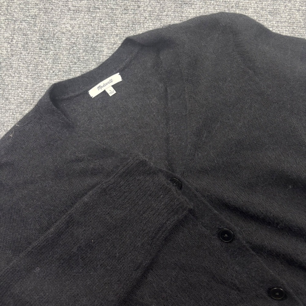 Madewell Cardigan Sweater L‎ Black V-Neck Button Front Fuzzy Knit Womens